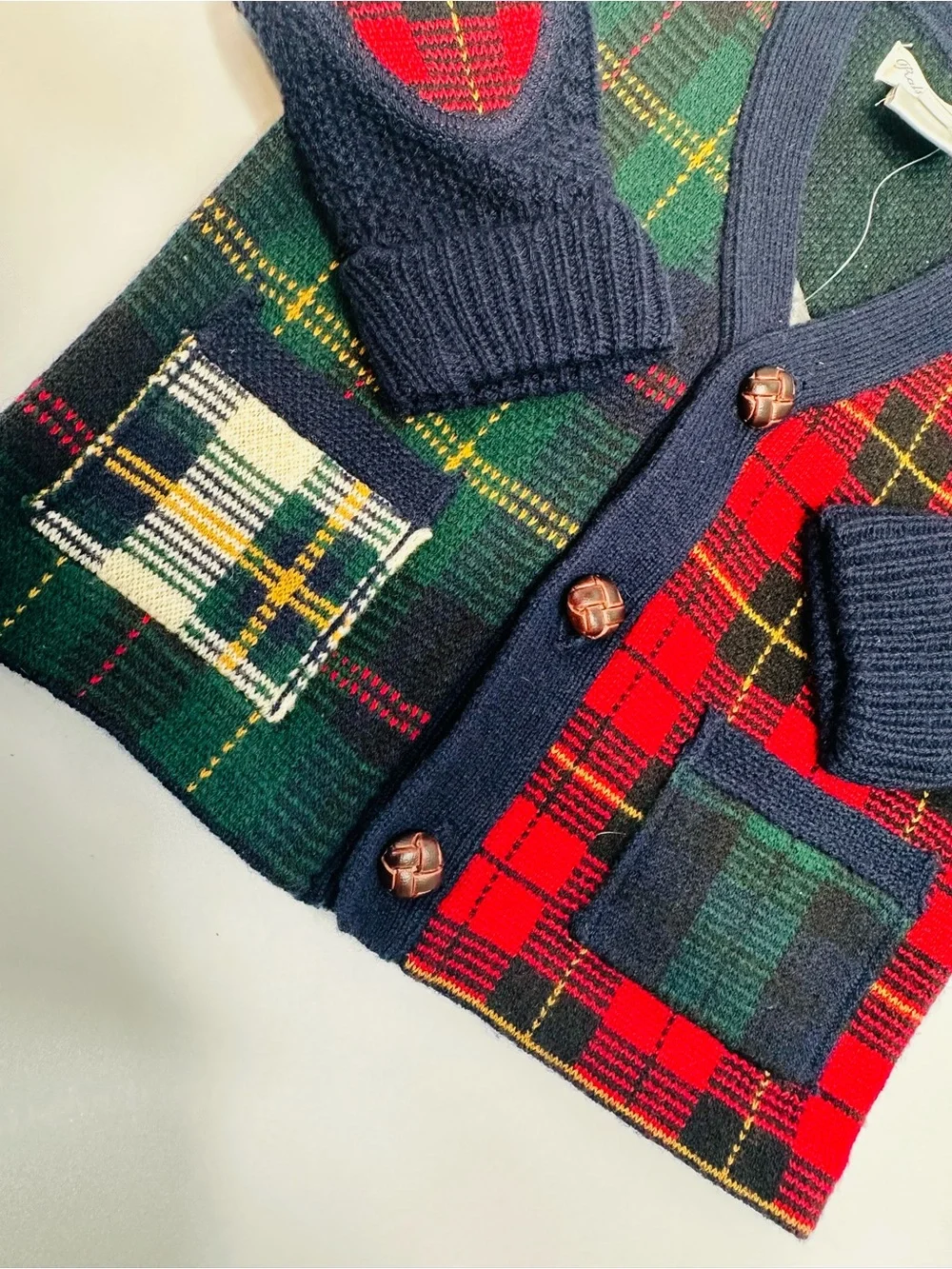 Ralph Lauren Navy, Red & Green Plaid Cardigan with Elbow Patches